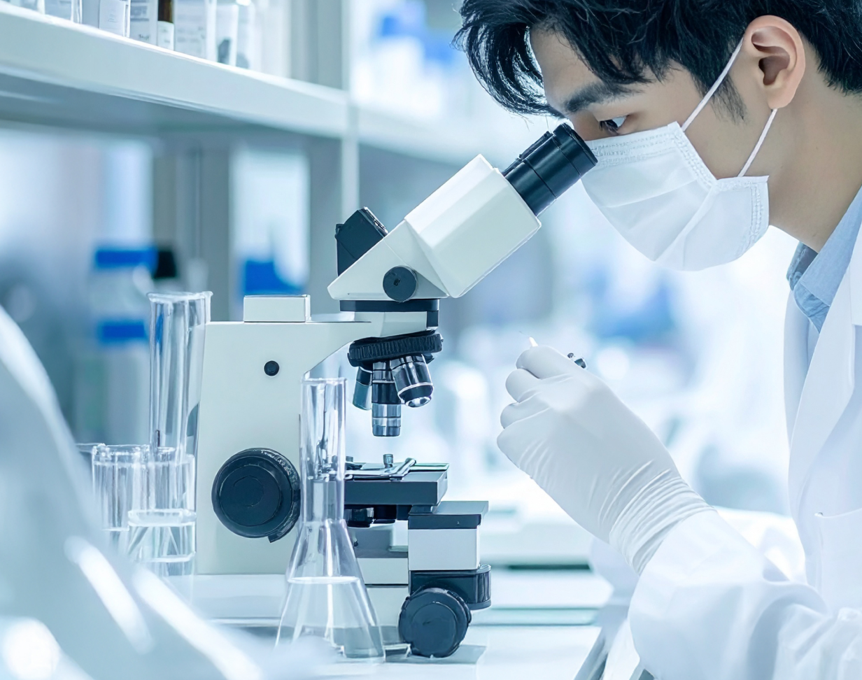 顕微鏡をのぞく研究者の様子